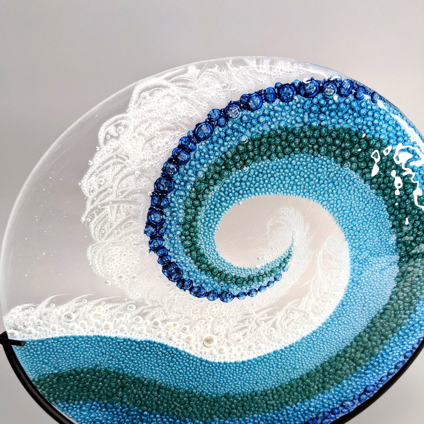Fused Glass Art Panel Round Crashing Ocean Waves