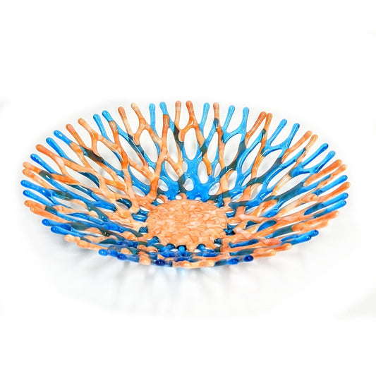 Fused Glass Art Coral Bowl in Sunrise Orange and Sky Blue