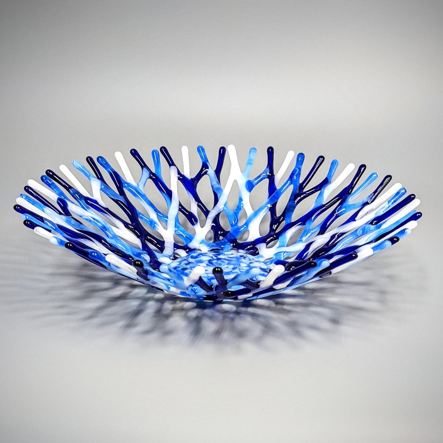 Modern Glass Art Fruit Bowl in Blue and White