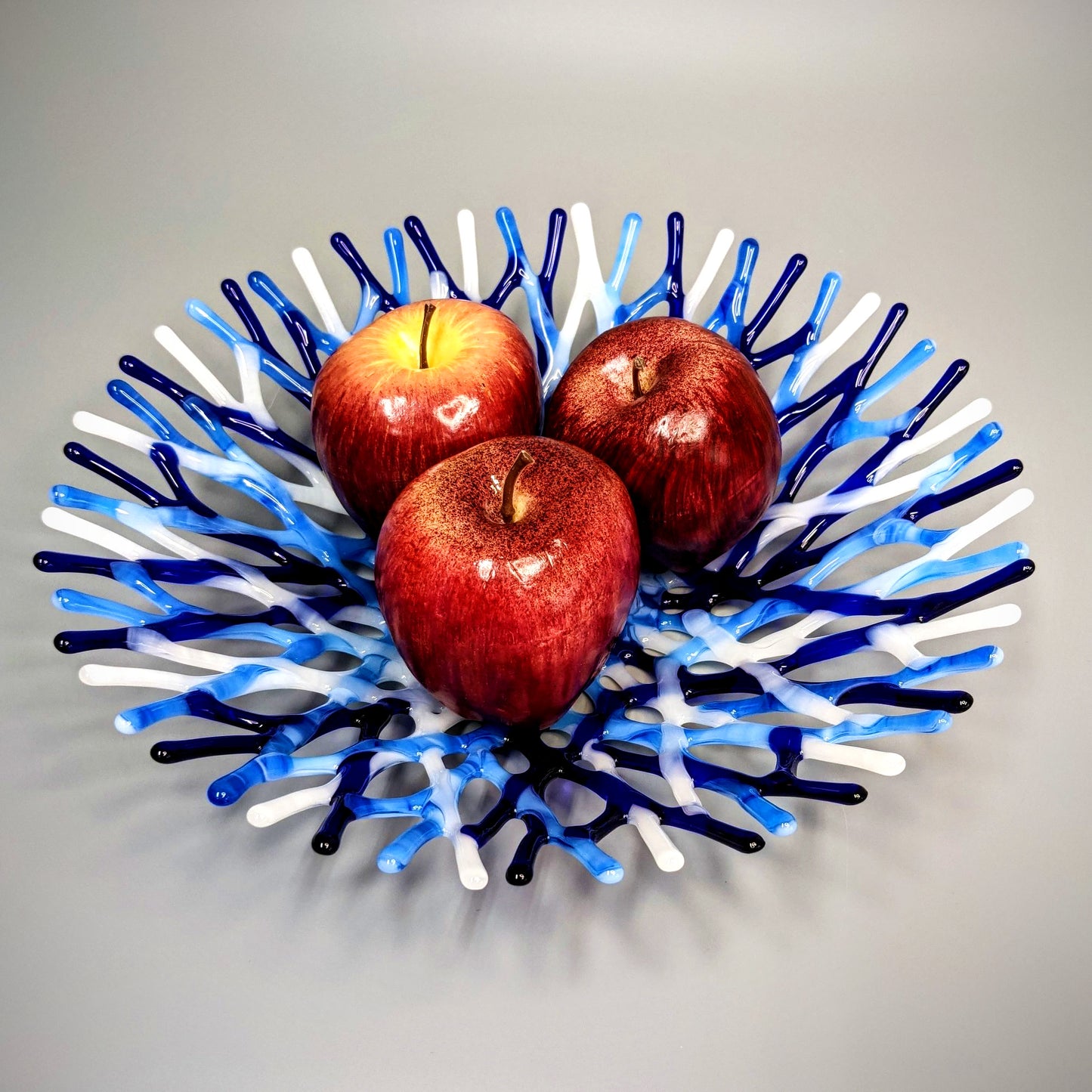 Modern Glass Art Fruit Bowl in Blue and White