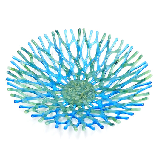 Decorative Glass Art Coral Bowl in Sea Glass Blue Green