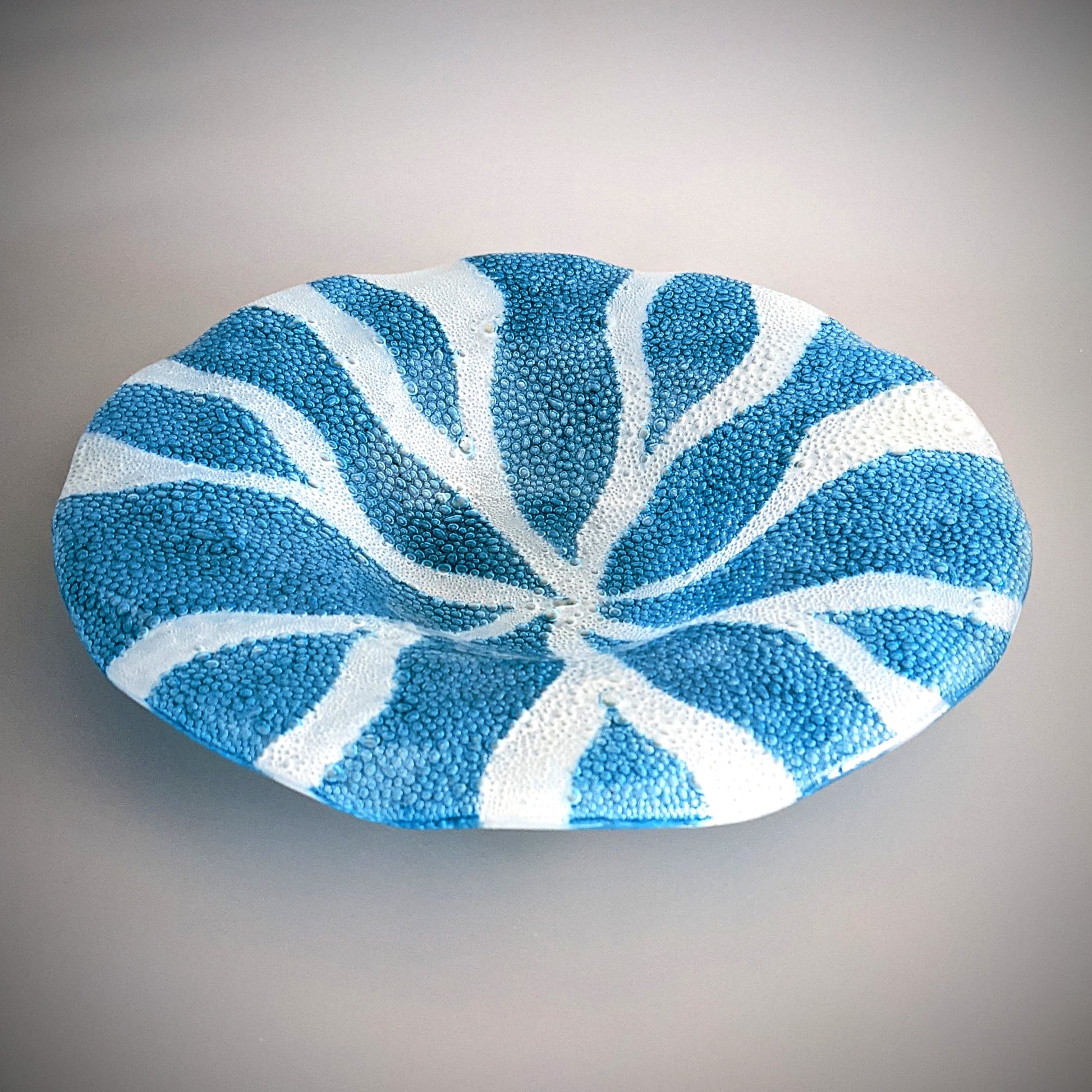Sea Anemone Glass Art Bowl in White and Azure Blue | Beach House Art