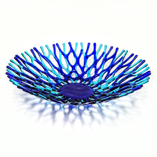 Beach Glass Art Coral Bowl in Aqua Green Cobalt Blue | Coastal Gifts