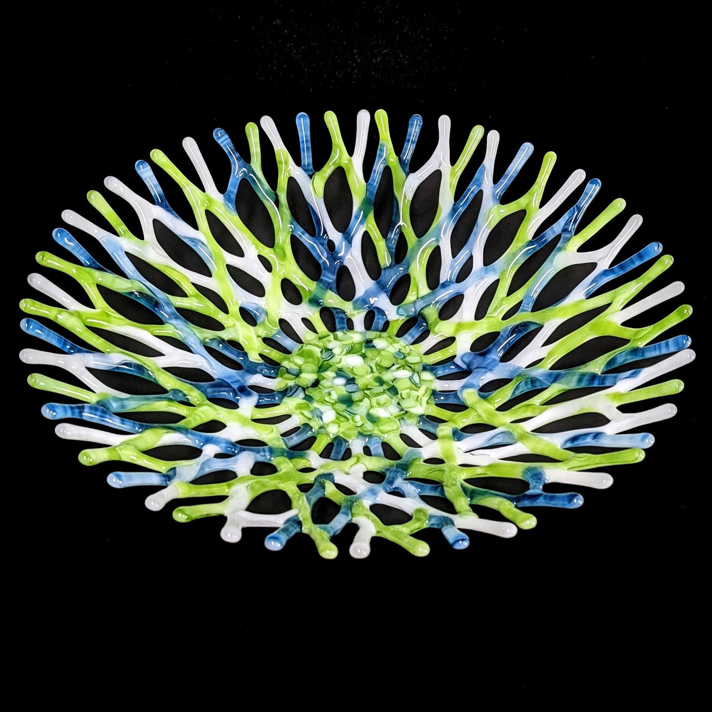 Glass Art Coral Bowl in Lime Green Stormy Blue