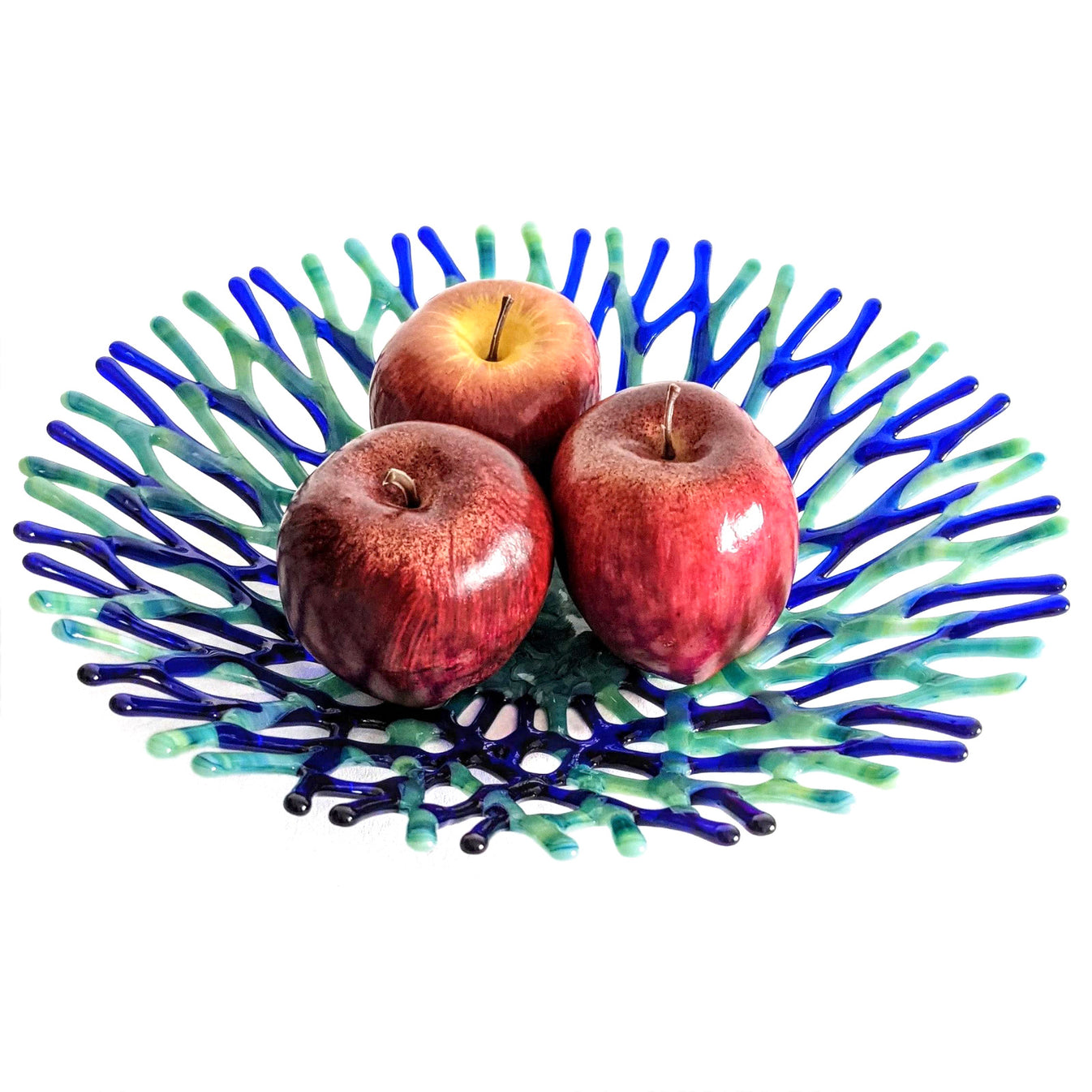 Modern Glass Art Coral Bowl in Cobalt Blue Mint Green Sea Glass Art