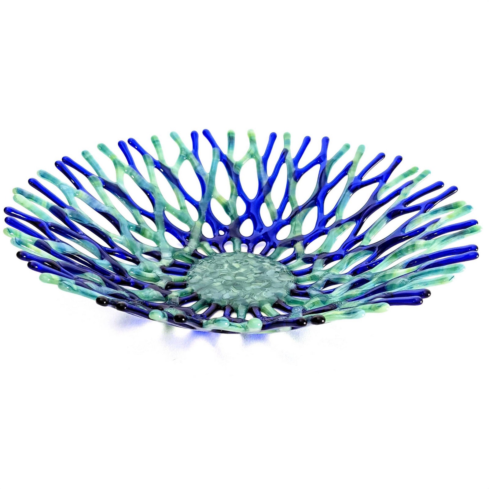 Modern Glass Art Coral Bowl in Cobalt Blue Mint Green Sea Glass Art