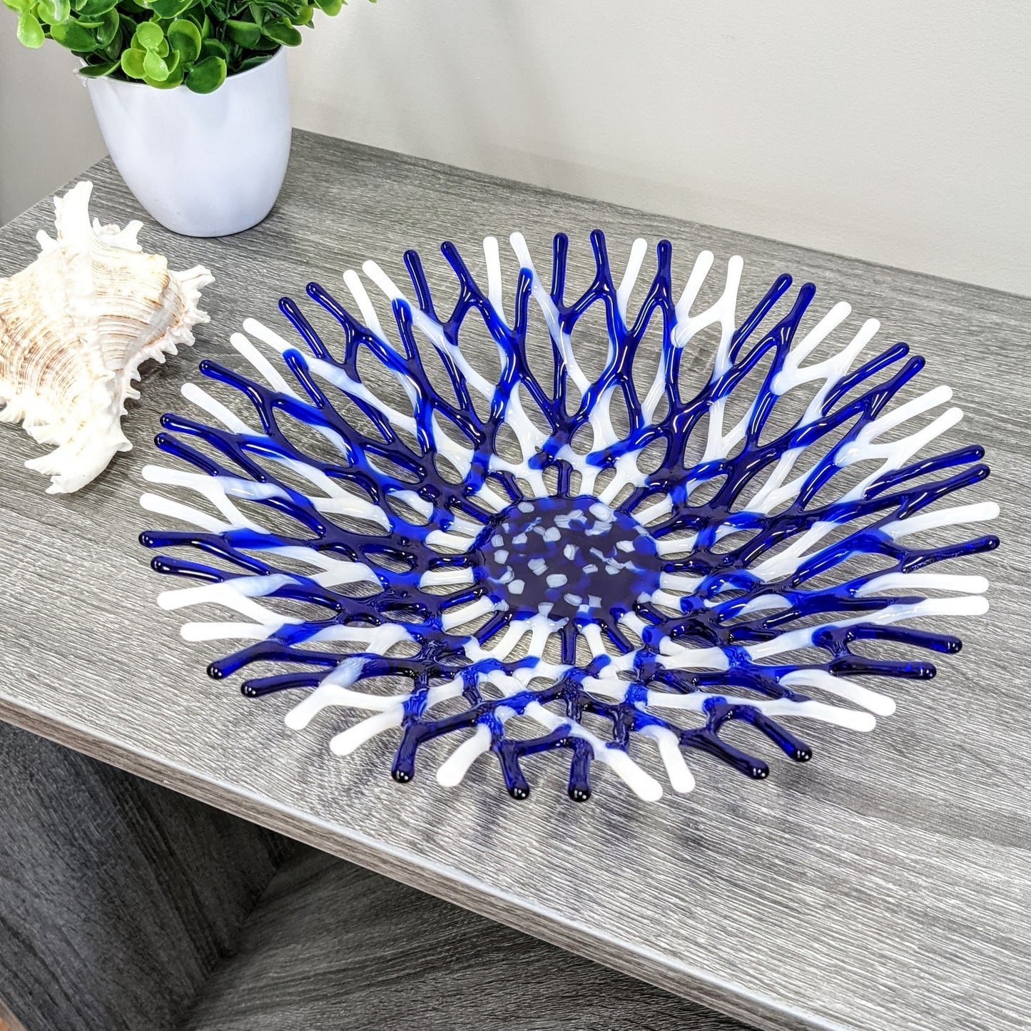 Beach Glass Art Sea Coral Bowl in Cobalt Blue White | Coastal Gifts