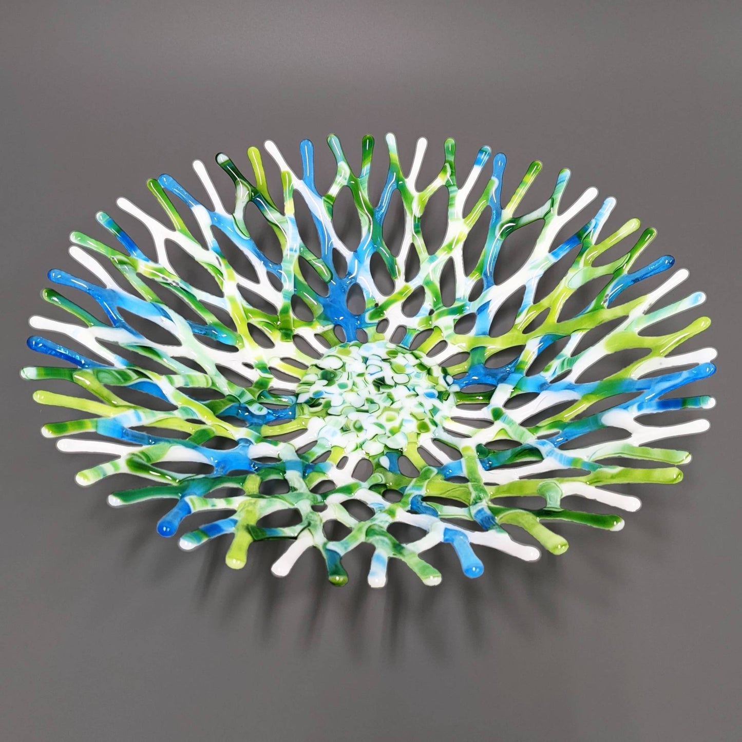 Fused Glass Art Coral Bowl in Lime Green Azure Blue and White