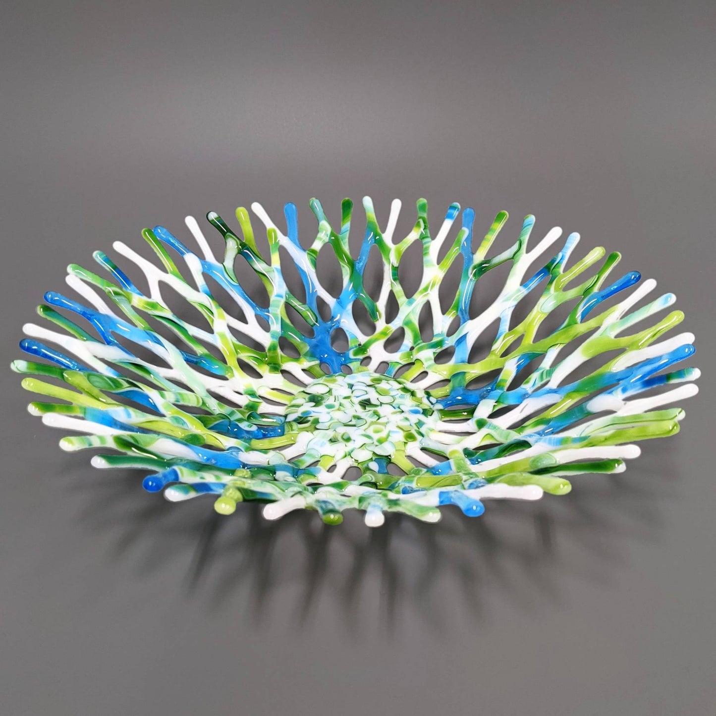Fused Glass Art Coral Bowl in Lime Green Azure Blue and White
