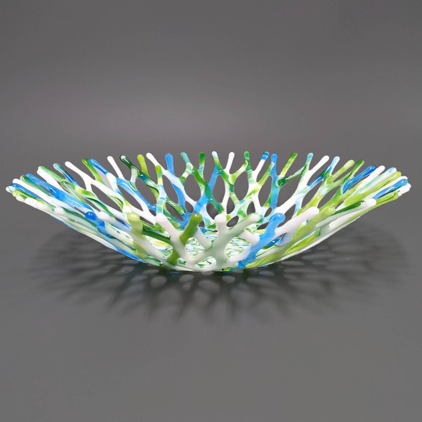 Fused Glass Art Coral Bowl in Lime Green Azure Blue and White