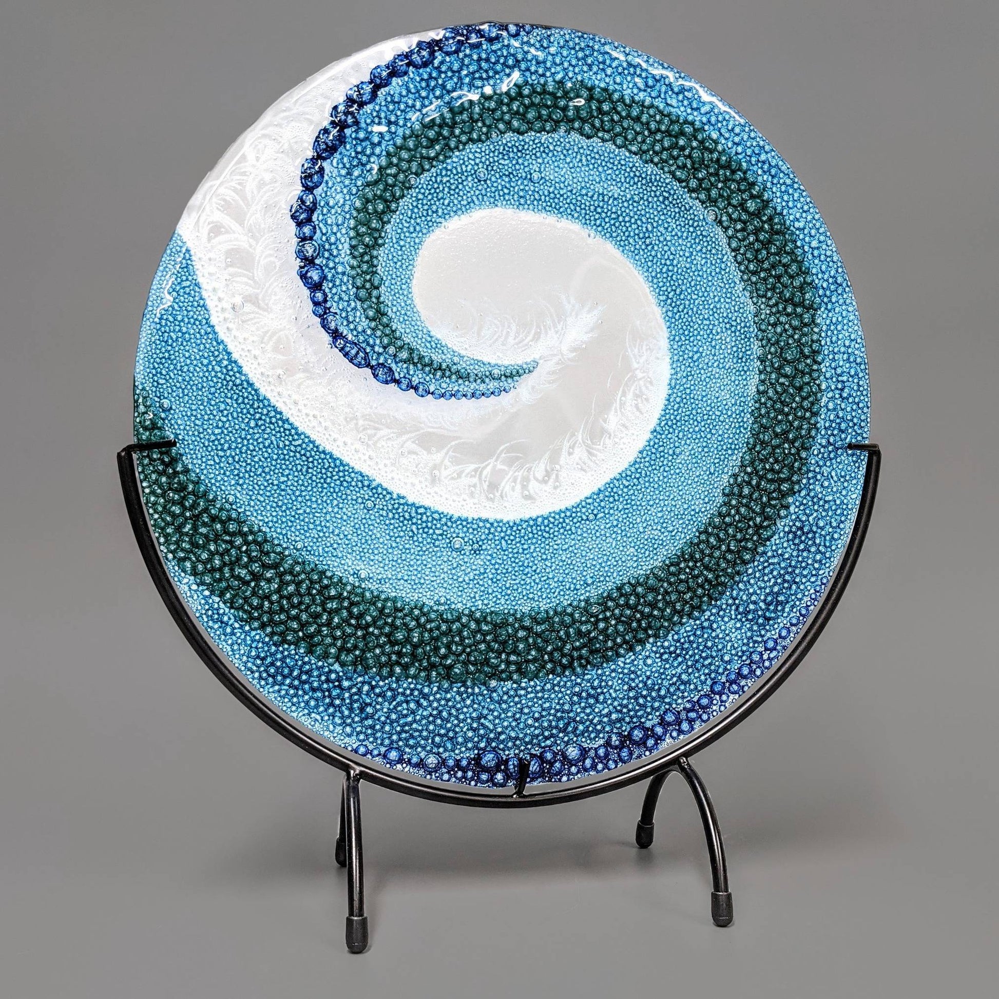 Fused Glass Art Panel Round Crashing Ocean Waves 12 Inch