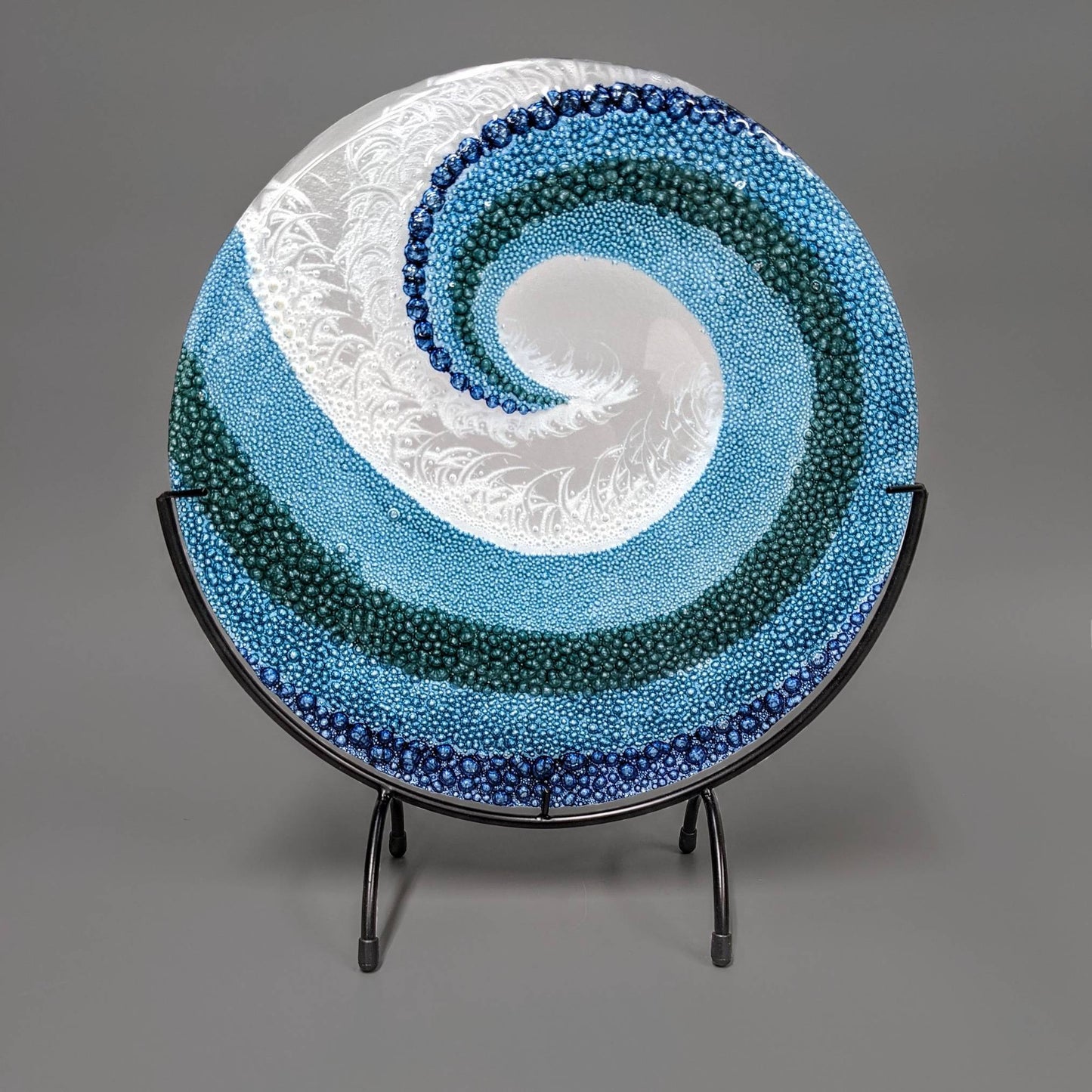 Fused Glass Art Panel Round Crashing Ocean Waves 12 Inch