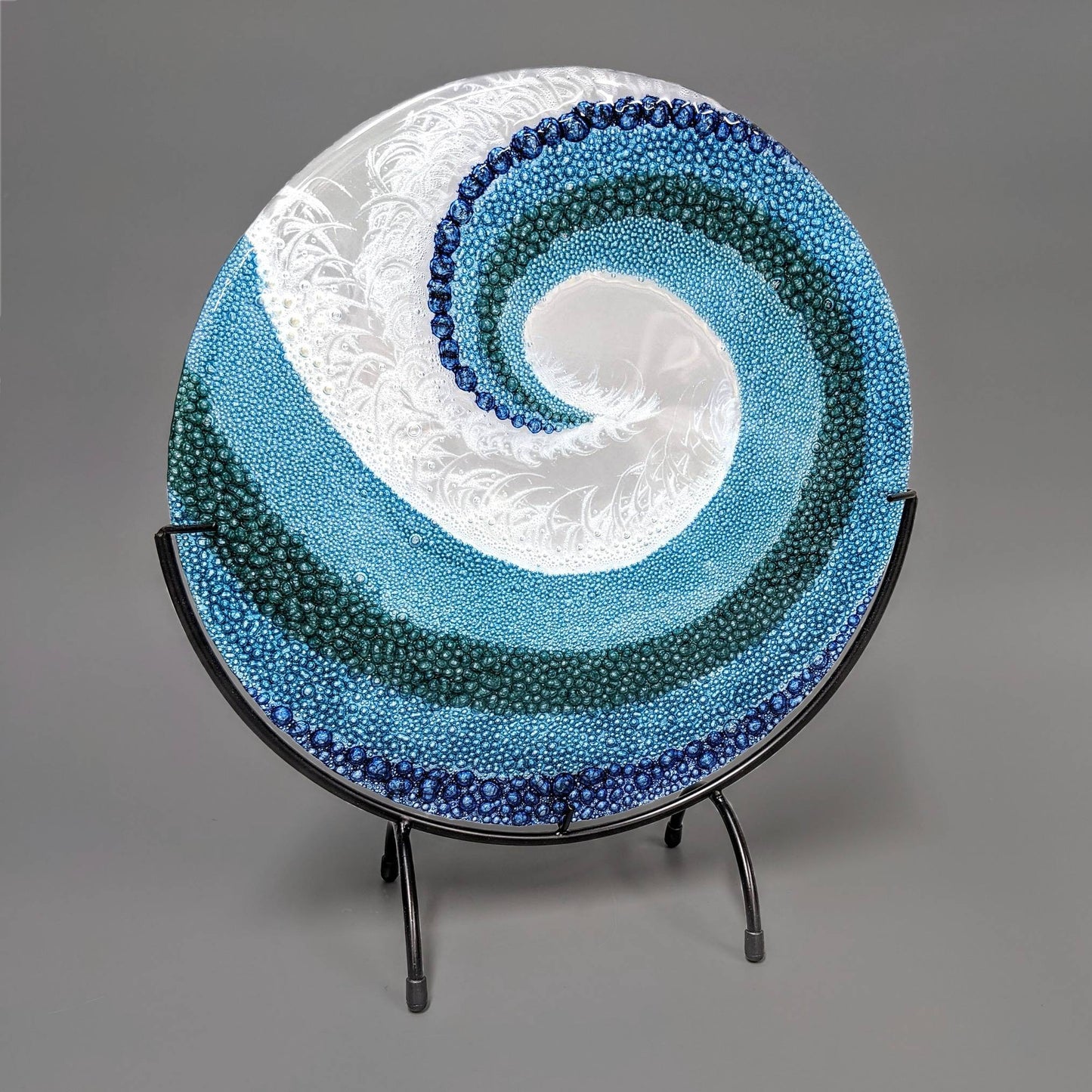 Fused Glass Art Panel Round Crashing Ocean Waves 12 Inch