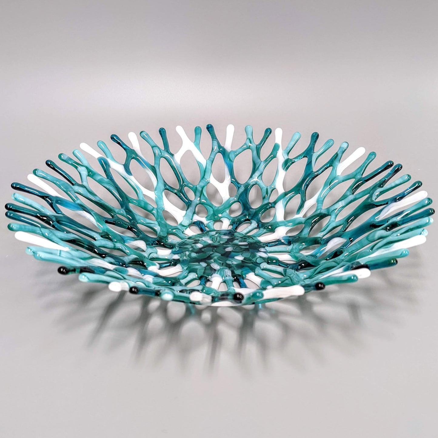 Glass Art Coral Bowl in Aqua Teal and White