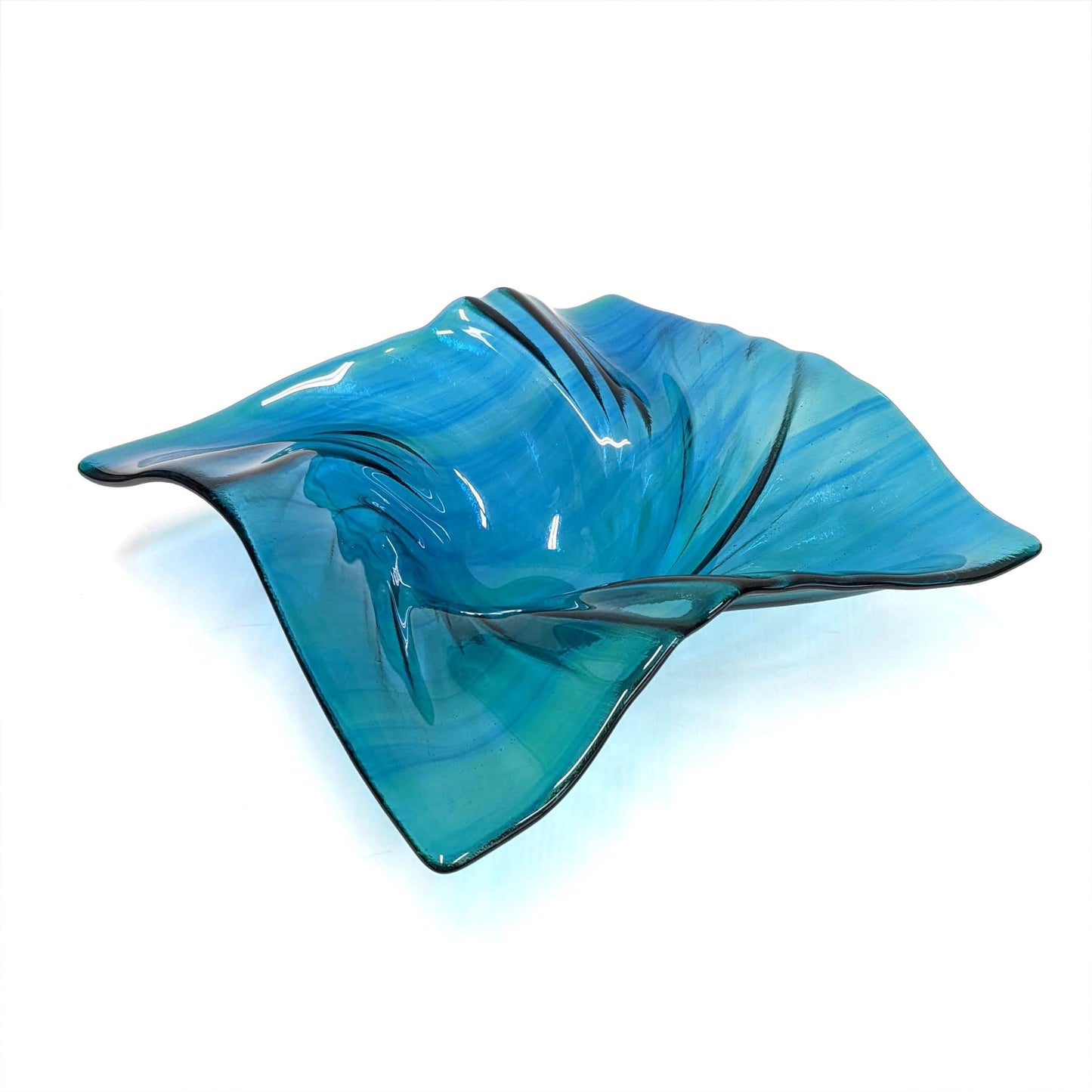 Aqua Teal Turquoise Glass Art Wave Bowl