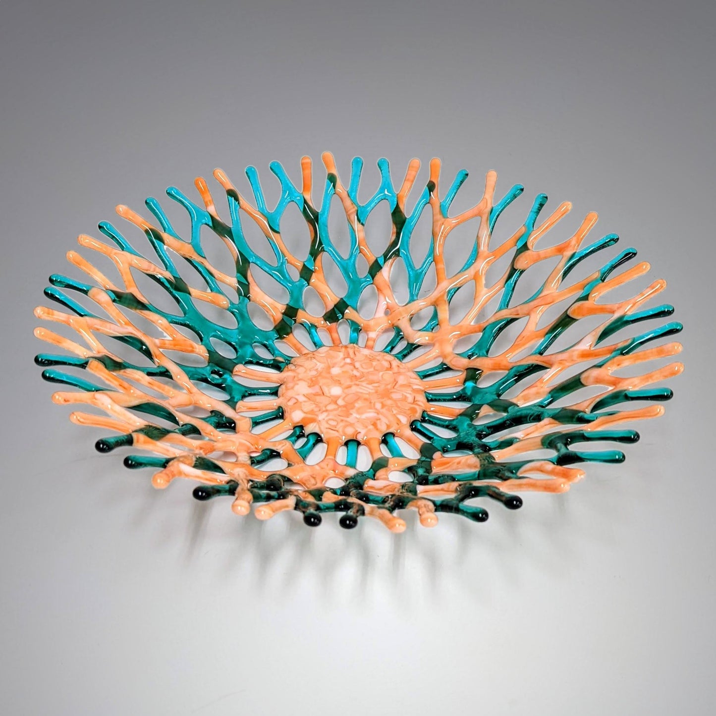 Glass Art Coral Bowl in Aqua Blue Green and Light Orange | Beach Decor