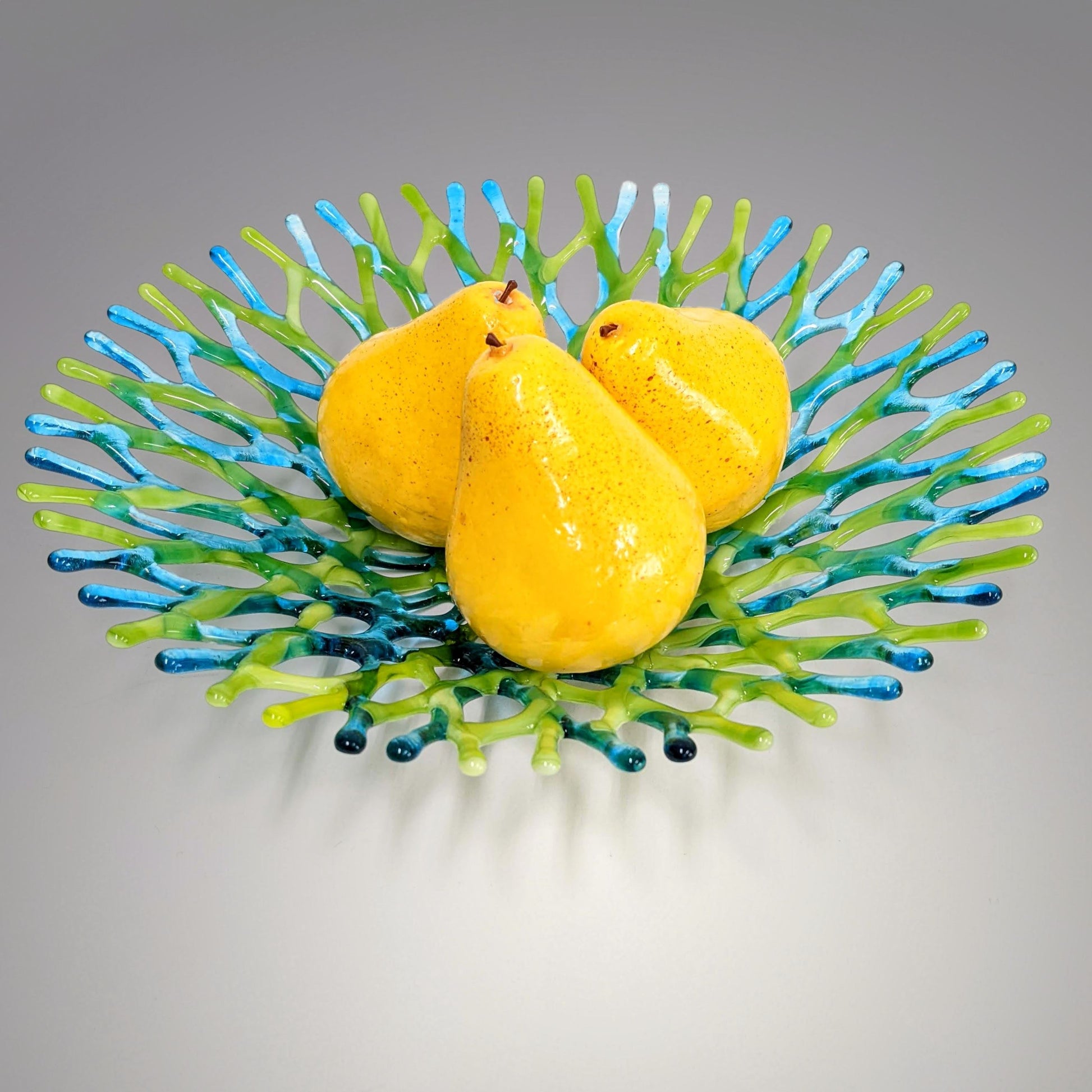 Glass Art Sea Coral Fruit Bowl in Sky Blue and Light Bright Green