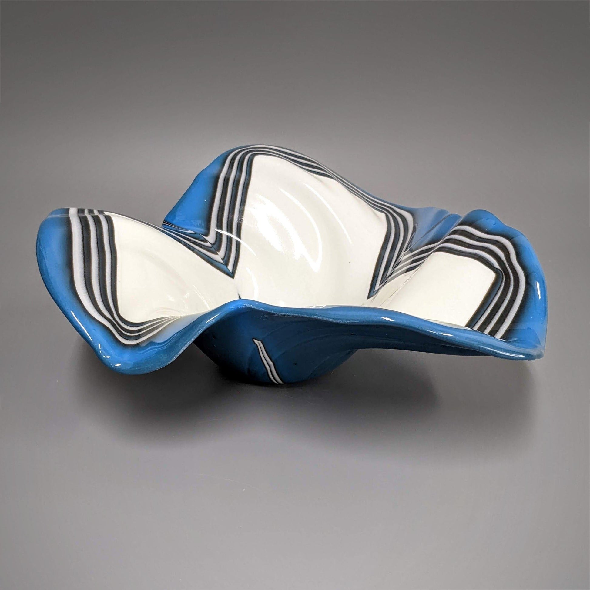 Glass Art Wave Bowl in Dark Turquoise Blue and Off White | Handmade