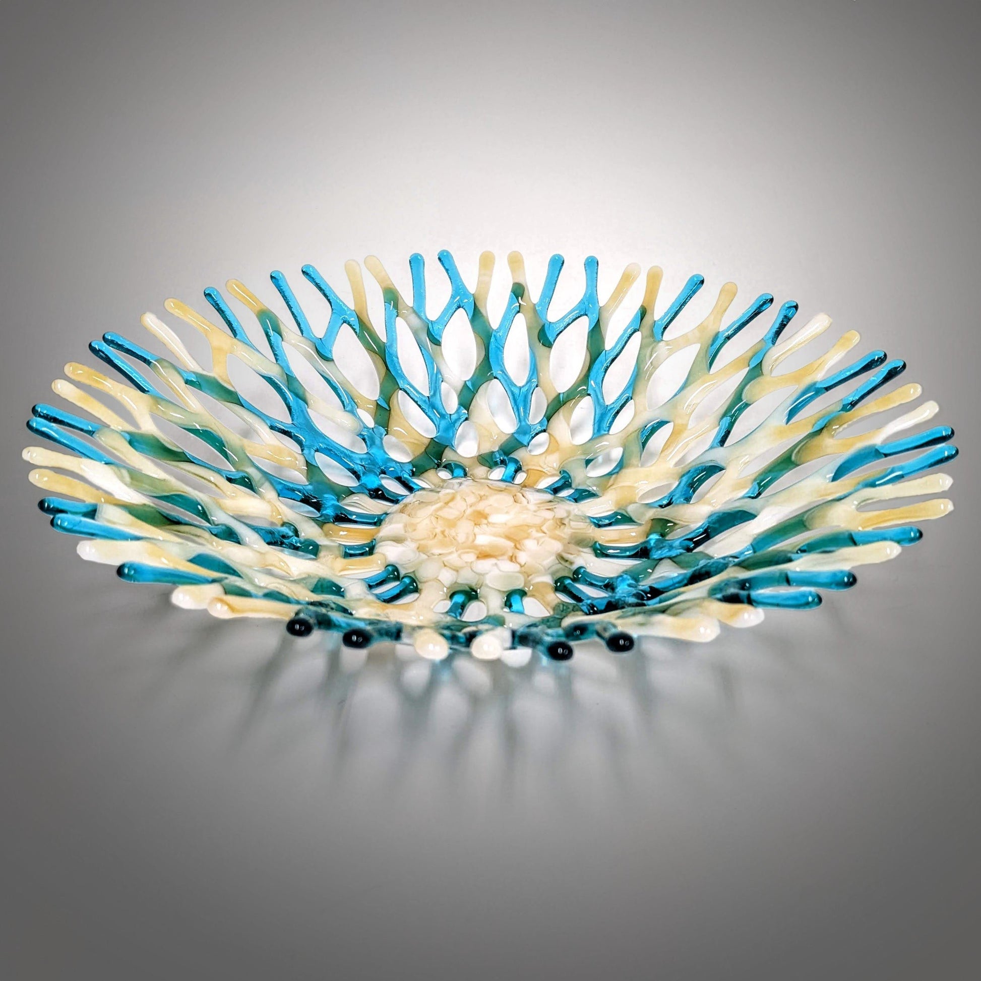 Fused Glass Art Coral Bowl in Aquamarine Blue Green Ivory Sea Glass