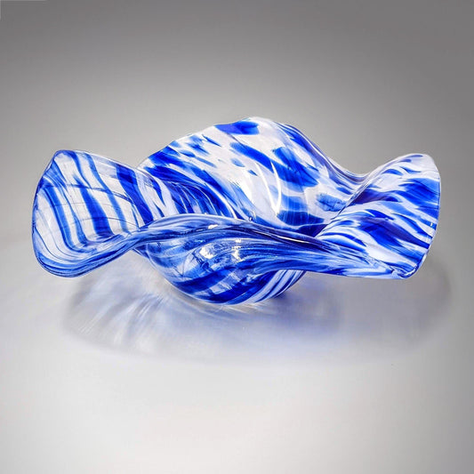 Glass Art Wave Bowl in Royal Blue and White on Clear | Unique Gifts