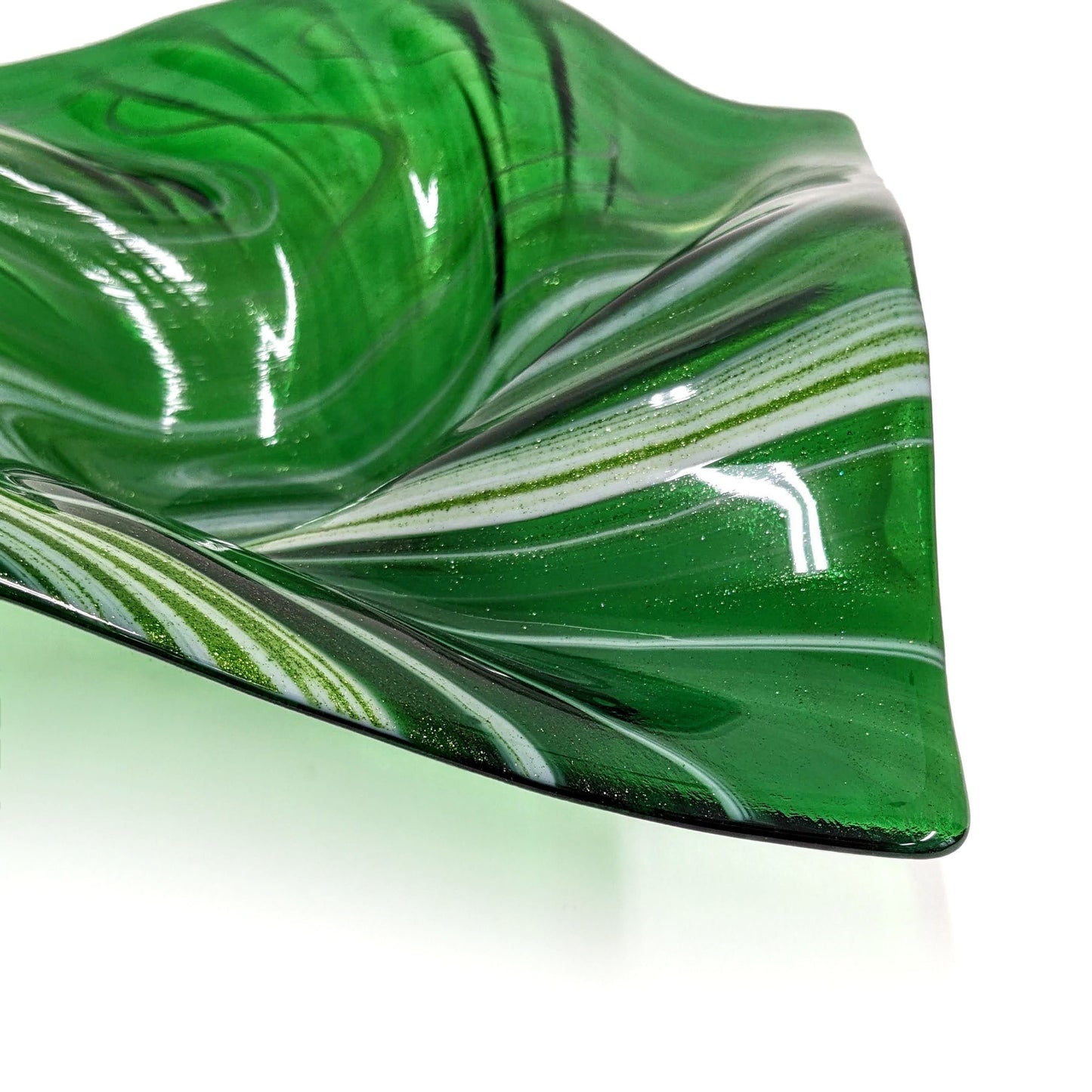 Glass Art Wave Sculpture Bowl in Sparkly Green and White