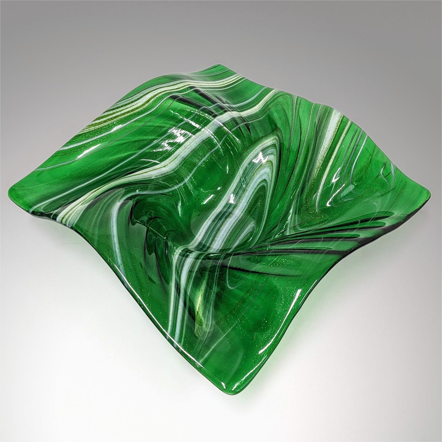 Glass Art Wave Sculpture Bowl in Sparkly Green and White