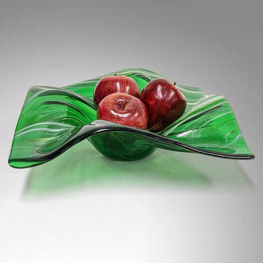 Glass Art Wave Sculpture Bowl in Sparkly Green and White | Gift Ideas