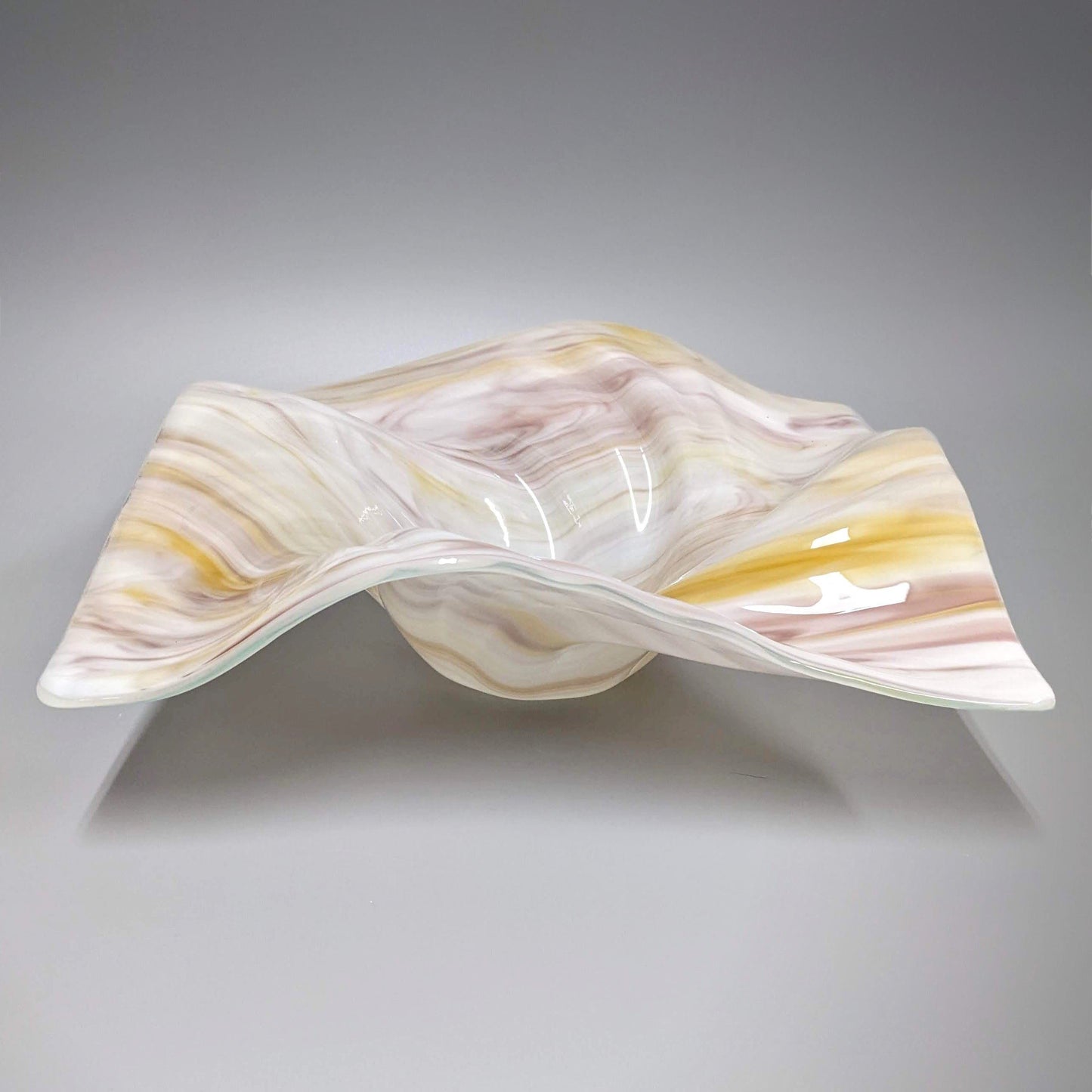 Glass Art Wave Bowl in Milky White Mauve Tan