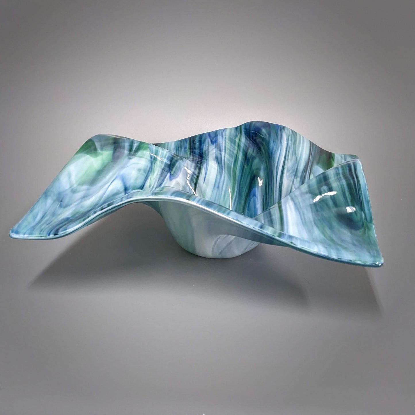 Glass Art Wave Bowl in Aqua Teal Blues and Greens