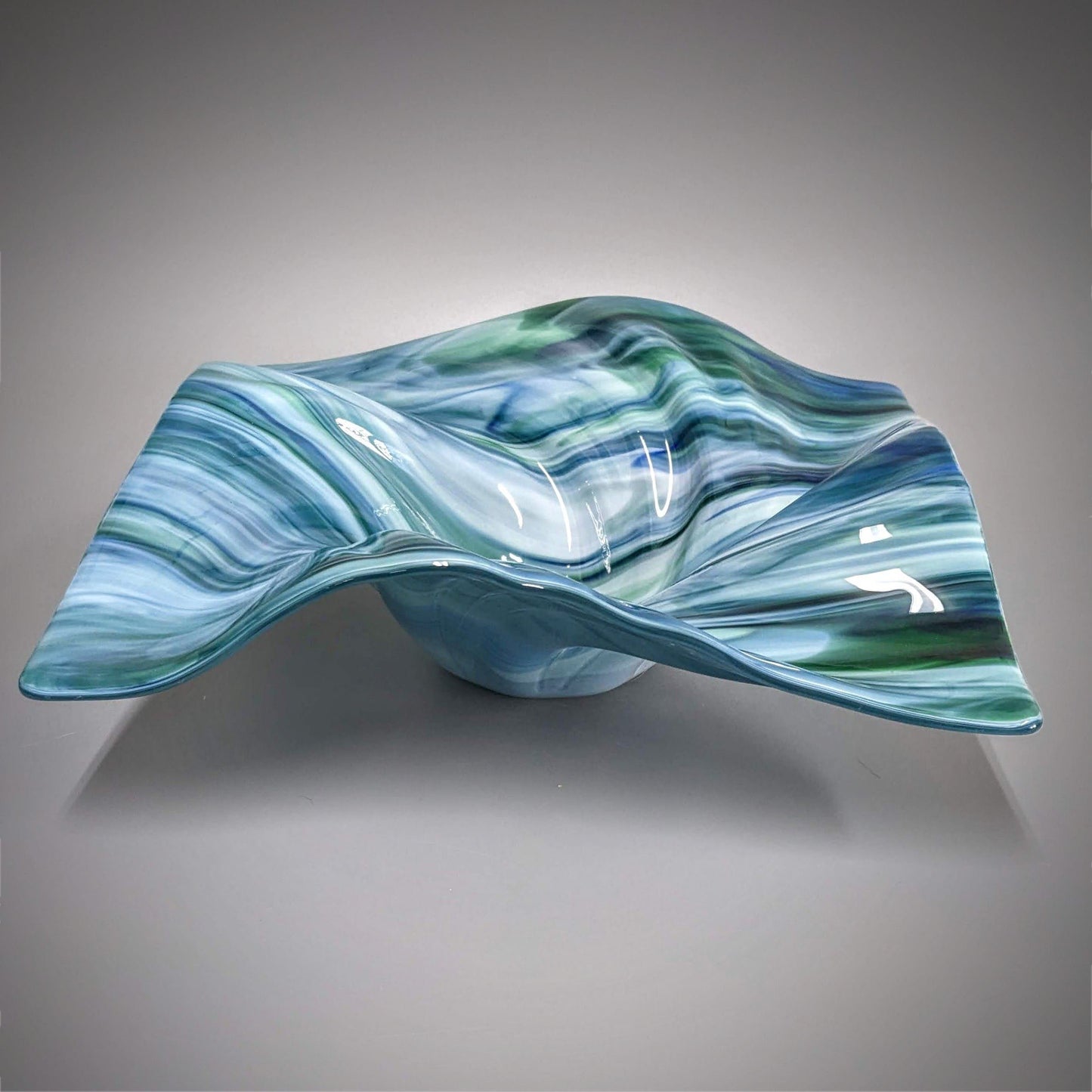 Glass Art Wave Bowl in Aqua Teal Blues and Greens