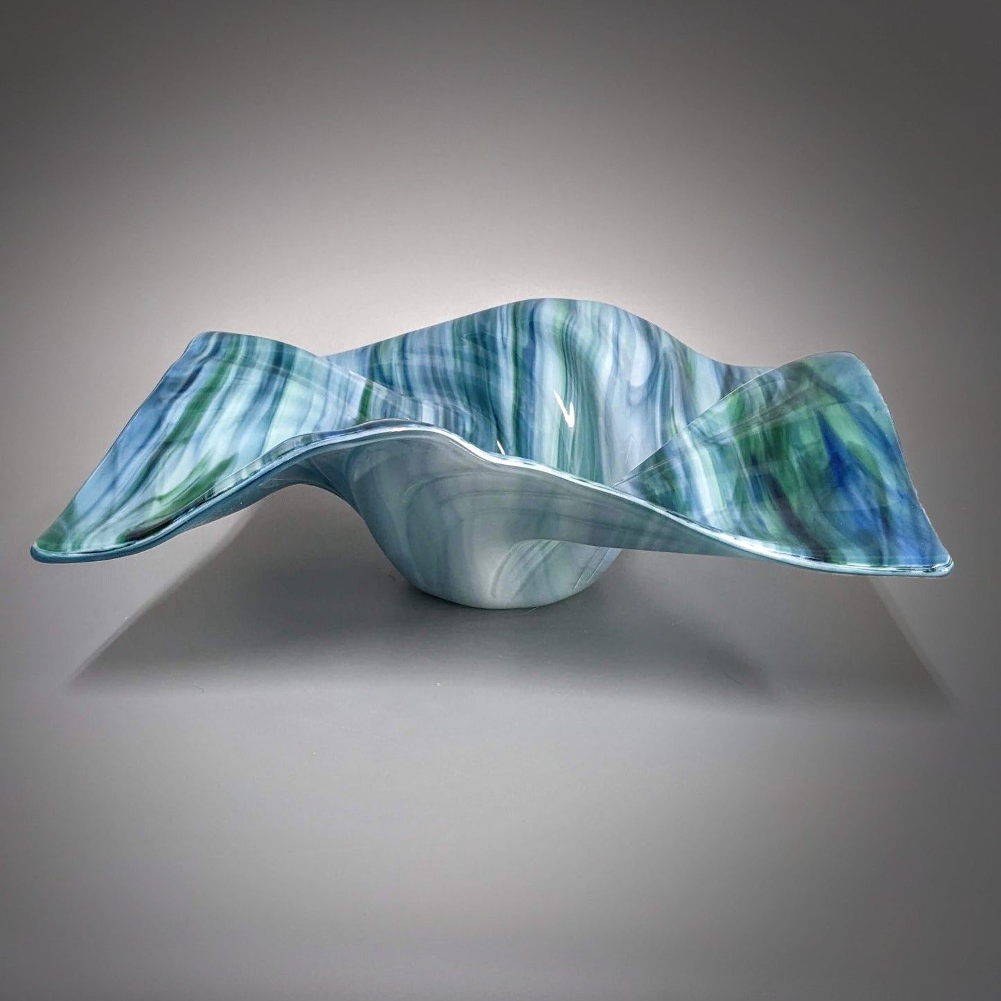 Glass Art Wave Bowl in Aqua Teal Blues and Greens