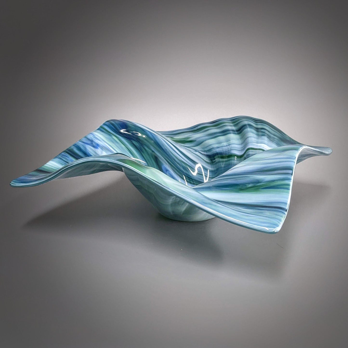 Glass Art Wave Bowl in Aqua Teal Blues and Greens