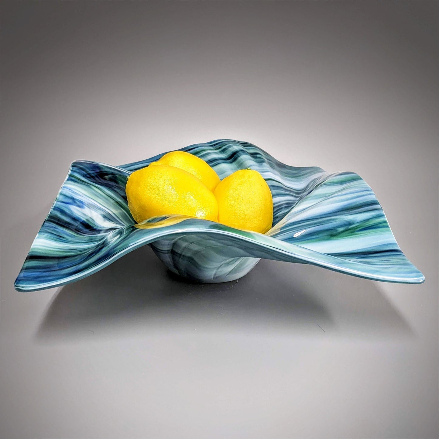 Glass Art Wave Bowl in Aqua Teal Blues and Greens