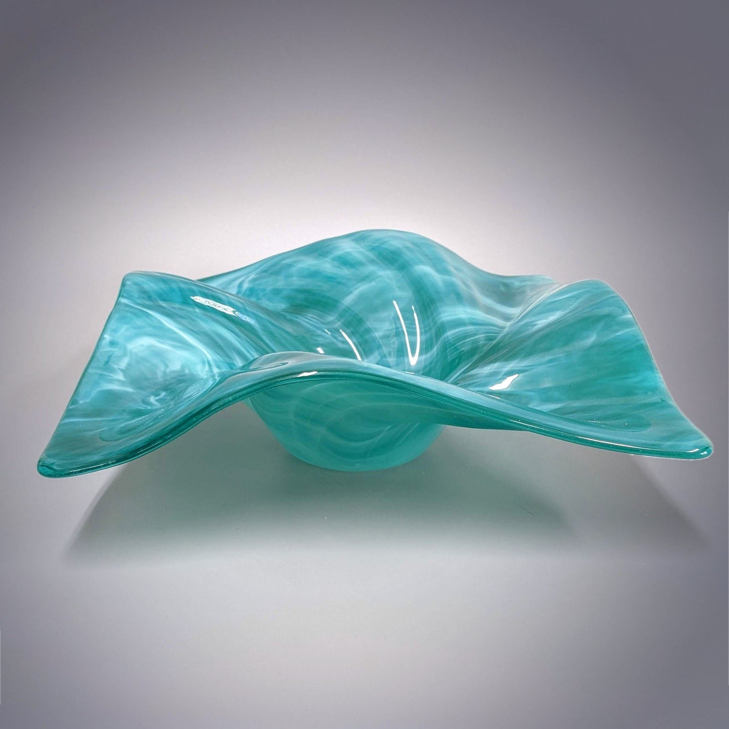 Glass Art Wave Bowl in Aqua Blue Green and White