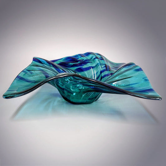 Glass Art Wave Bowl in Aqua Teal Navy Blue | Handcrafted Gifts & Decor