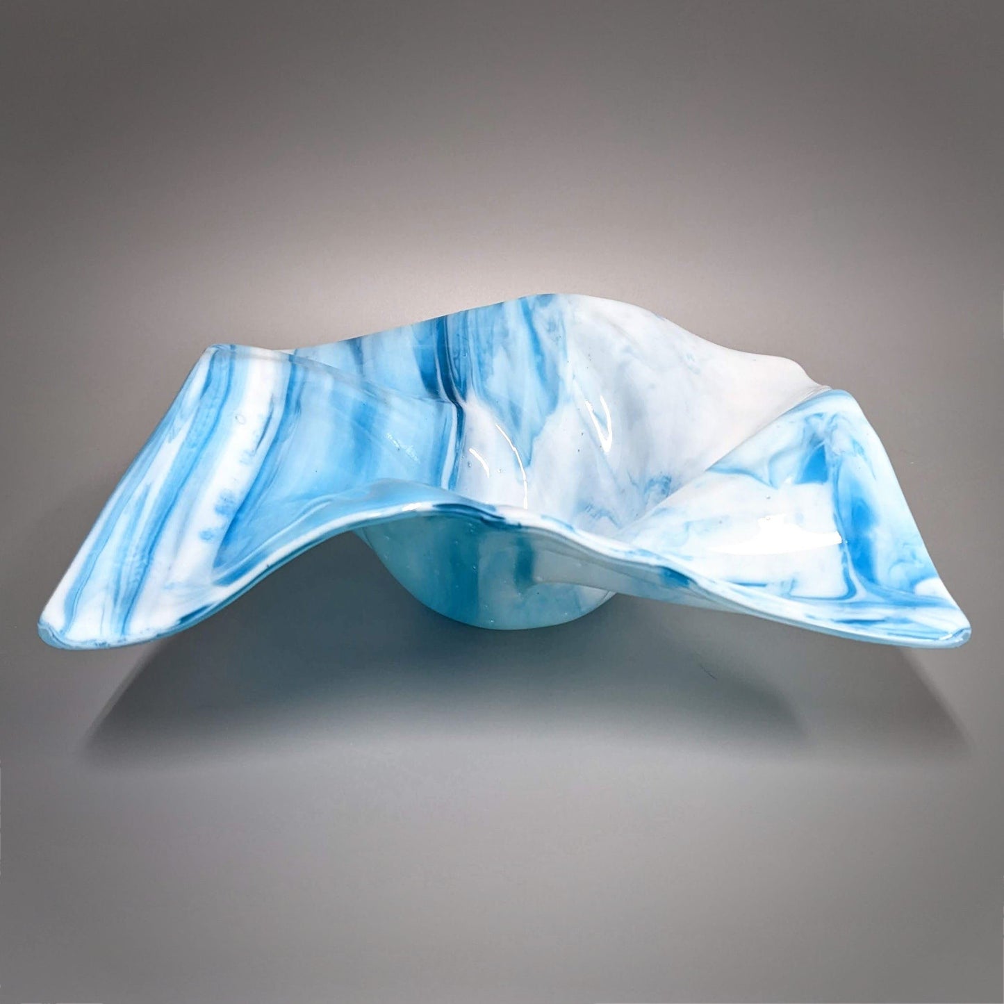 Glass Art Wave Sculpture Bowl in Azure Blue and White