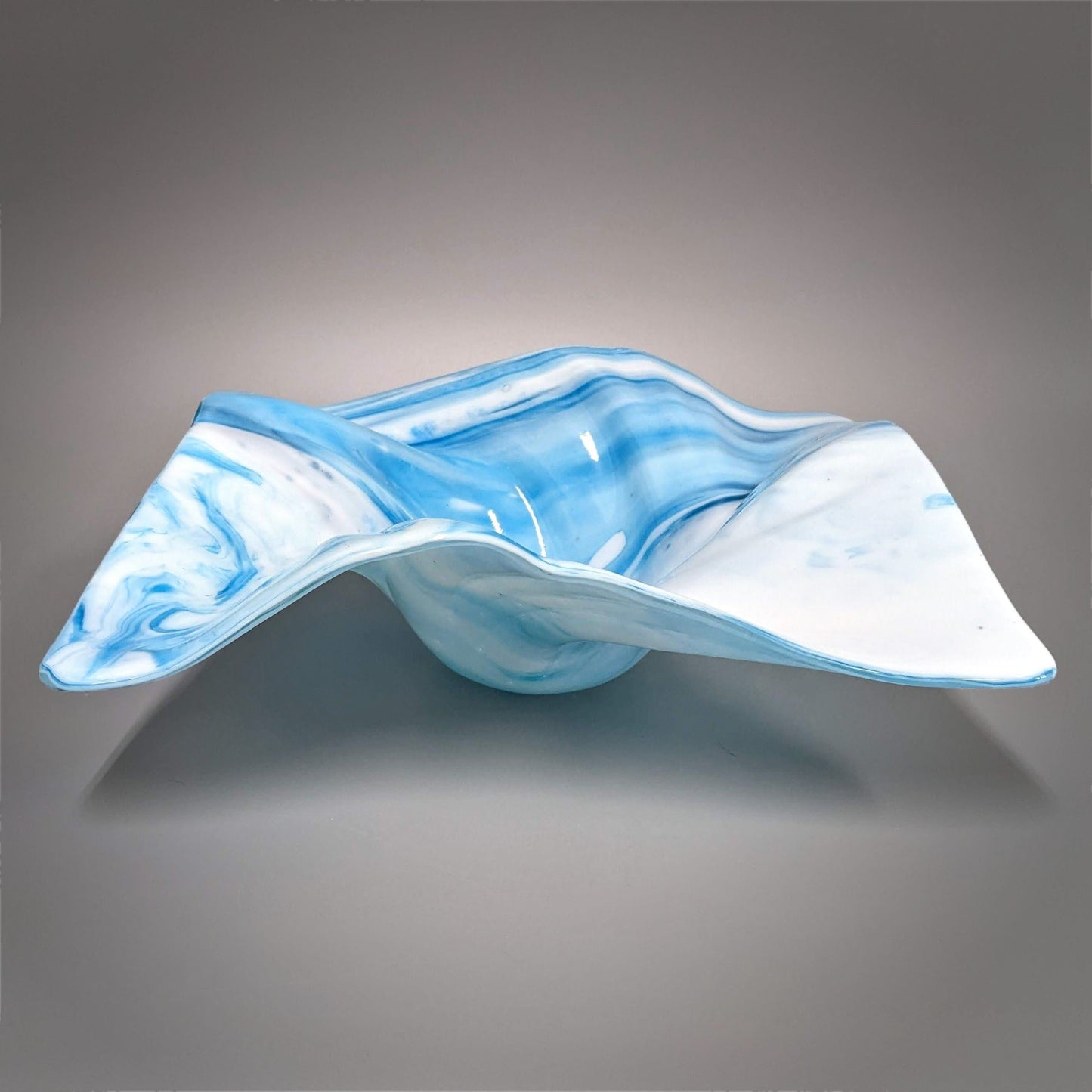 Glass Art Wave Sculpture Bowl in Azure Blue and White