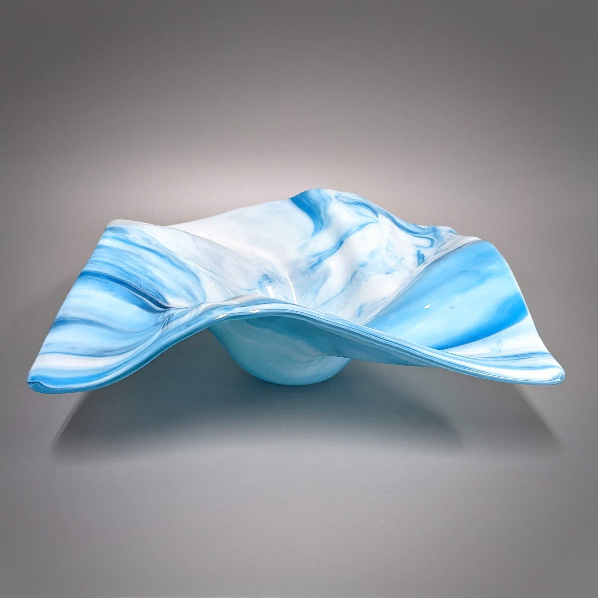Glass Art Wave Sculpture Bowl in Azure Blue and White | Unique Gifts