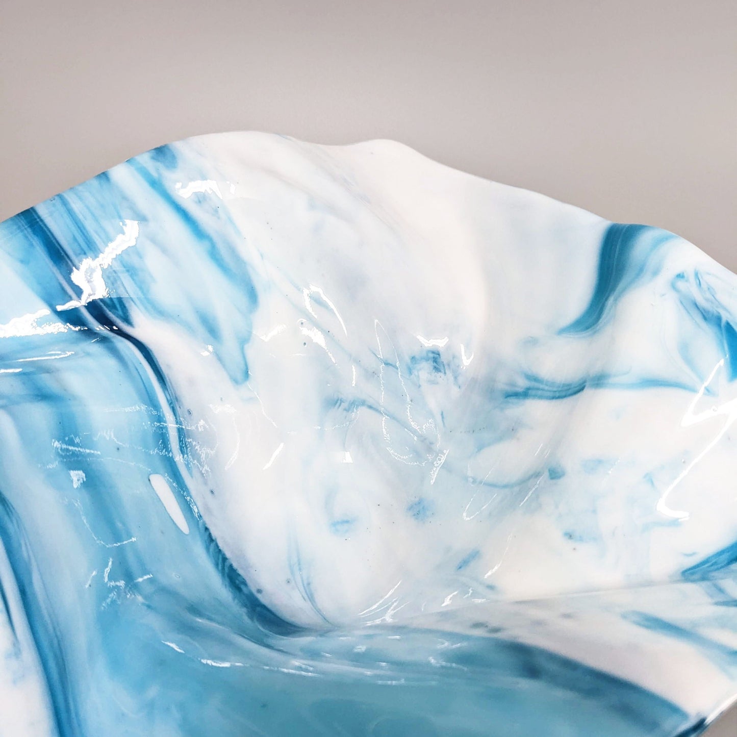 Glass Art Wave Sculpture Bowl in Azure Blue and White